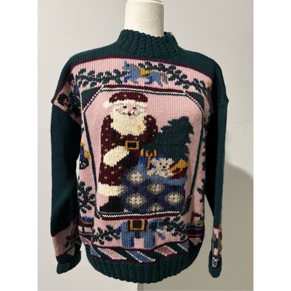 SouthWool hand loomed 100% virgin wool Santa and toys  knit sweater M